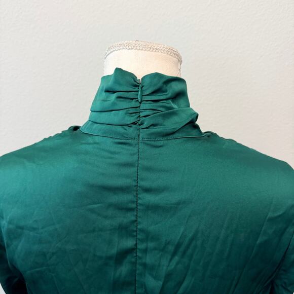 Alexa Admor Emerald Green Long Dress Rouched Sleeve High Neck Draped Satin Sz 8 - Picture 9 of 14